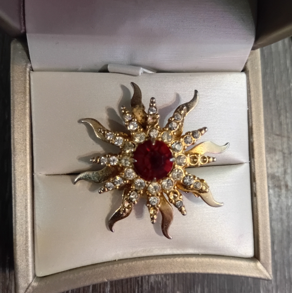 Gold and Red Sunburst Brooch